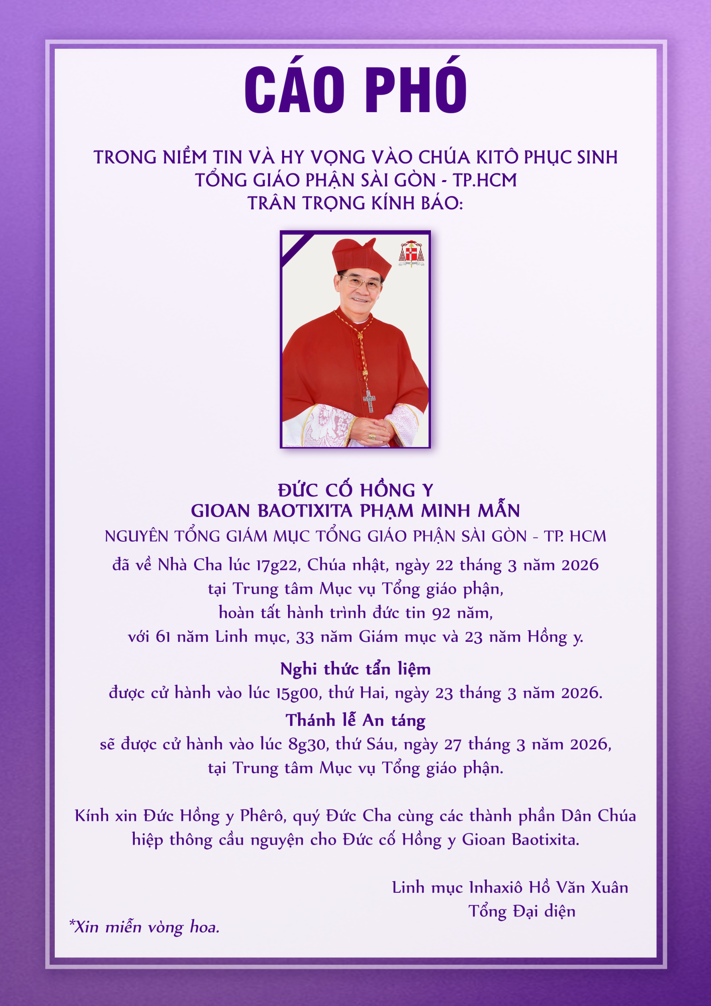 Cáo phó: Đức Hồng y Gioan Baotixita Phạm Minh Mẫn đã về Nhà Cha